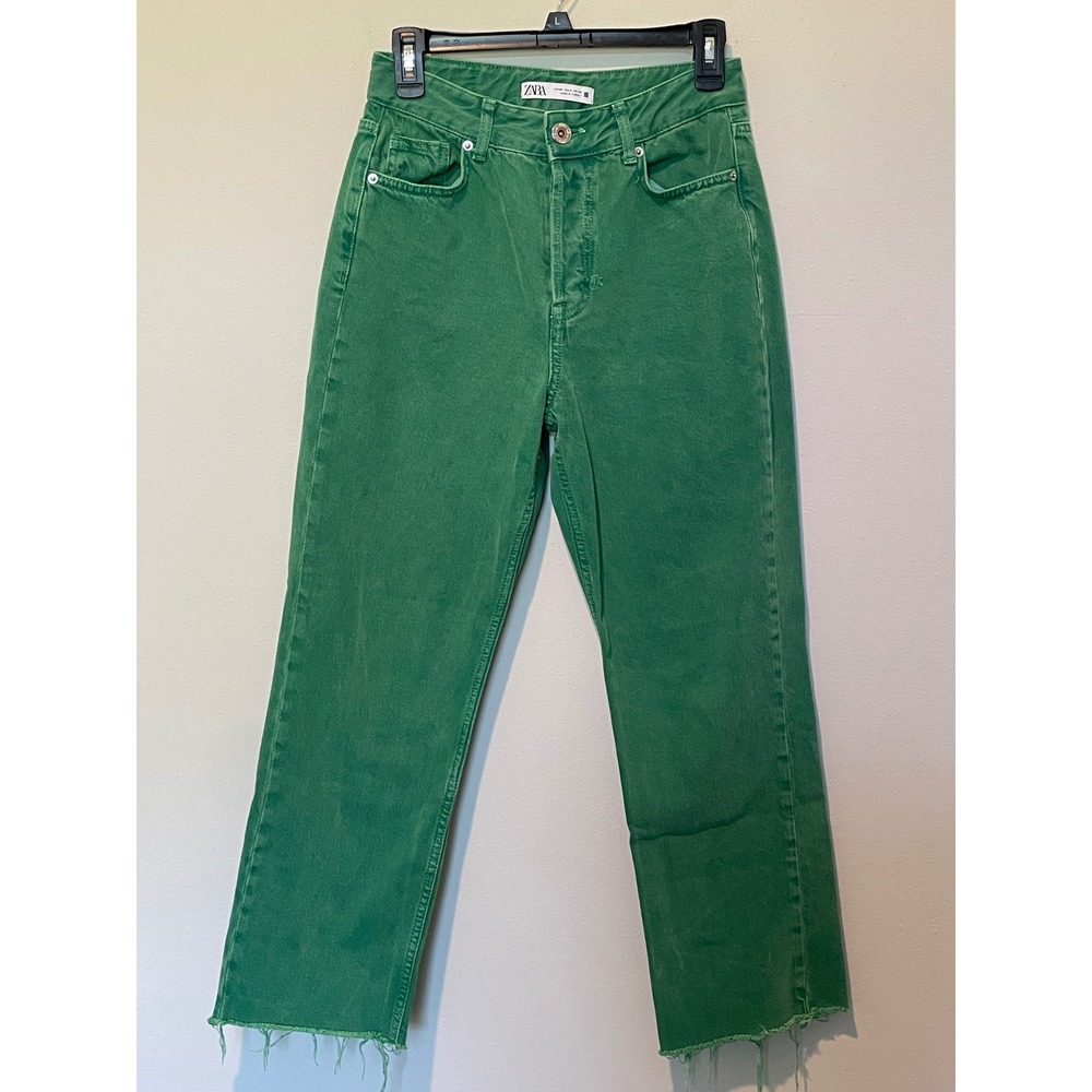 Zara Damen Jeans 4 Green‎ Grun High Rise Straight Leg Raw Hem Button Fly Denim